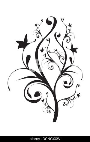 A detailed monochrome vector illustration featuring swirling floral branches and butterfly elements. The symmetrical black design on a white backgroun Stock Vector