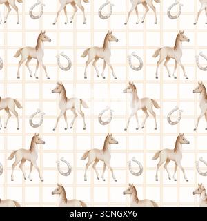 Seamless watercolor pattern featuring horses and horseshoes, painted in a soft watercolor style. Perfect for textiles, wallpaper, children's designs Stock Photo