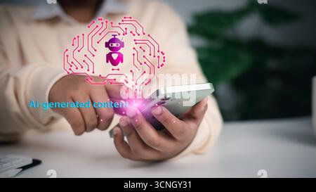 Close up of hands holding smartphone with glowing digital AI robot icon and text AI generated content, representing artificial intelligence, mobile te Stock Photo