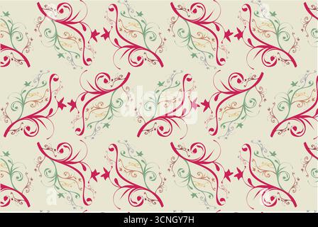 Seamless ornamental vector pattern with swirling paisley and floral motifs in vibrant red, green, yellow, and blue over a soft beige background. The s Stock Vector
