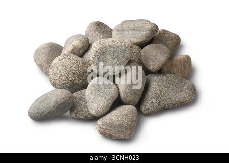 pile of gray pebbles or river stones with smooth surface and speckled texture in various shapes isolated white background, landscaping and aquarium Stock Photo