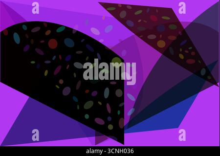 A vibrant and modern vector illustration featuring deep purples, a curved black shape with scattered colorful ovals, and angular translucent geometric Stock Vector