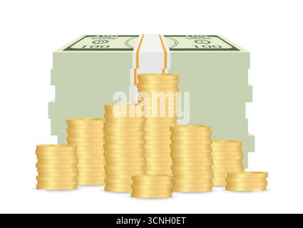 Stack of Dollar Banknote or Money Pack and Golden Coins. Investment, Saving and Wealth Concept. Vector Illustration. Stock Vector