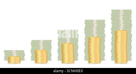 Stack of Dollar Banknote or Money Pack and Golden Coins. Investment, Saving and Wealth Concept. Vector Illustration. Stock Vector