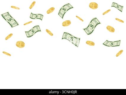 Falling Money Background. Dollar Banknotes and Golden Coins Falling and Flying. Investment, Saving and Wealth Concept. Vector Illustration. Stock Vector