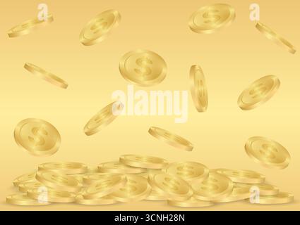Golden Coins Heap. Golden Coins Falling into Pile of Golden Coins on Golden Background. Rich and Wealth Concept. Vector Illustration. Stock Vector