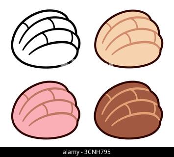 Concha, traditional Mexican sweet bread (pan dulce) set. Black and white line icon, chocolate, strawberry and vanilla flavors. Simple cartoon vector i Stock Vector