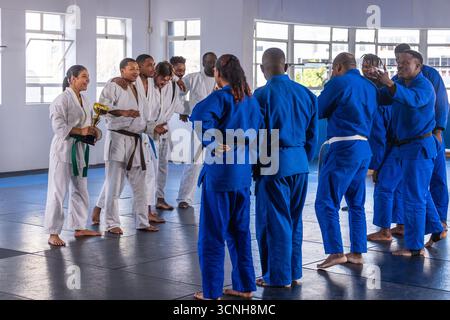 Diverse martial arts teams holding gold trophy, congratulating each other in training hall Stock Photo