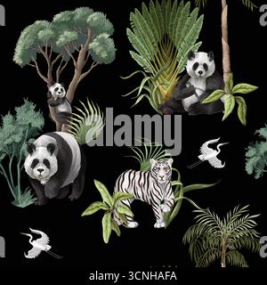 Seamless Jungle Panda Pattern Featuring Tropical Foliage and Exotic Wildlife Illustration Art Stock Vector