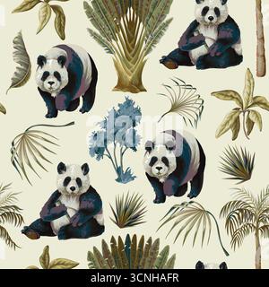 Seamless Jungle Panda Pattern Featuring Tropical Foliage and Exotic Wildlife Illustration Art Stock Vector