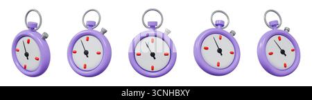 3D clock. Stopwatch timer. Time countdown or running watch chronometer. Sport stop render. Coach timepiece view angles. Deadline timekeeper arrow. Accuracy minute measure. Vector chronometer icons set Stock Vector