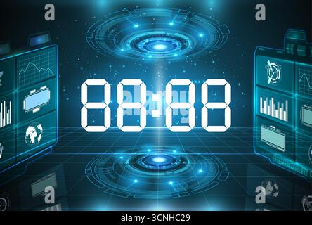 Futuristic dashboard. Hologram neon infographic. HUD panel with stopwatch numbers and infographics. Sci fi wireframe grid cyberspace. Time countdown. Control charts screen interface. Vector background Stock Vector