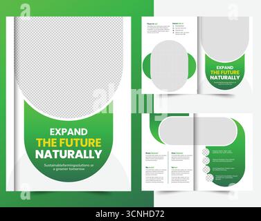 Organic Farming Bi-Fold Brochure Template in Green Color for Agriculture and Environmental Promotion, lown gardening. Stock Vector