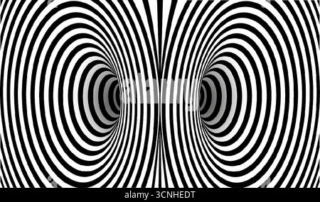 Op Art Abstract hypnotic distorted lines background. Black and white tunnel wallpaper. Psychedelic twisted stripes pattern. Horizontal template Stock Vector