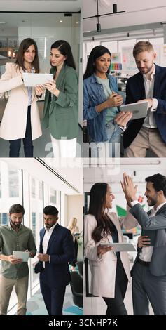 Teammates working together using digital tablets, vertical collage view Stock Photo