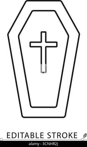 A coffin icon in minimalist style with editable stroke. Halloween element, gothic symbol, spooky decoration, horror theme, funeral design, death Stock Vector