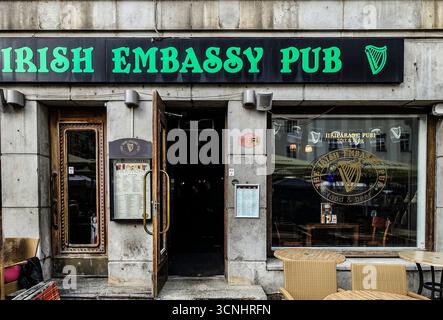 Front view of the Irish Embassy Pub in Tartu, Estonia, a popular bar serving Guinness and food, reflecting Irish pub culture in the Baltic city. Stock Photo