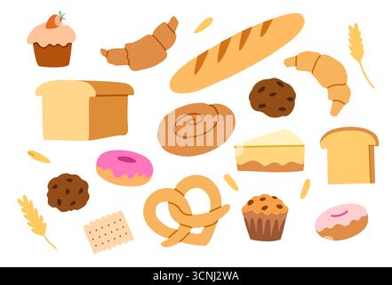 Set of bakery vector elements, croissant, bread, cakes and cookies. Cute doodle hand-drawn illustration in trendy modern style Stock Vector