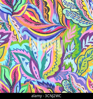 Colorful psychedelic seamless pattern with abstract ornamental floral. Hand-drawn print in traditional media. Stock Photo