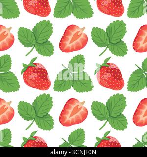 Strawberry pattern with wild berries and leaves background. Vector seamless texture illustration for summer cover, botanical wallpaper, vintage Stock Vector