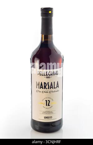 Italy - September 20, 2025: Bottle of semi-dry Marsala DOC wine aged in oak barrels for 12 months from the historic Pellegrino winery in Marsala, Sici Stock Photo