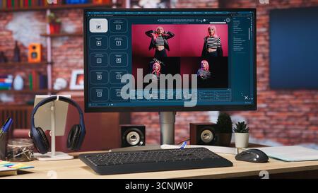 Computer monitor in apartment showing artificial intelligence generating images from basic text prompts. PC display with AI GPT generating photographs using natural language processing Stock Photo