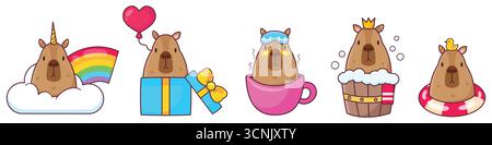 Cute cartoon sticker set with capybaras. Isolated white background. Vector illustration. Stock Vector
