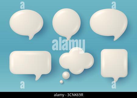 Vector 3d White Glossy Speech Bubble Set. Chat Callout and Thought Icons Isolated. Empty Message Balloon Collection. Blank Speech Bubbles for Comic Stock Vector