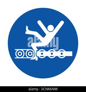 This image features a warning sign indicating a slip hazard with a person falling near a conveyor belt, emphasizing safety awareness in industrial env Stock Vector