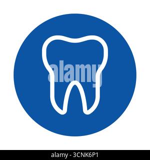 This simple dental icon showcases a tooth design in white against a blue background. Ideal for use in healthcare, education, and marketing materials r Stock Vector