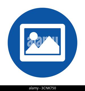 This graphic features a simple icon of a photo frame displaying a mountain and sun, set against a blue circular background. Ideal for designs related Stock Vector