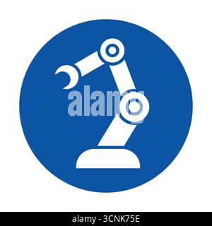This graphic illustration features a sleek industrial robotic arm icon set within a blue circle, symbolizing automation and modern technology for vari Stock Vector
