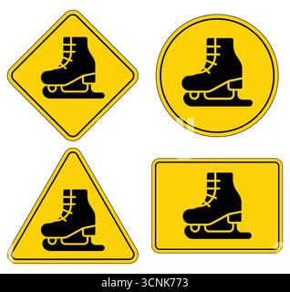 This collection features four ice skate icons set against a bright yellow background. Perfect for signage promoting ice skating activities or events. Stock Vector