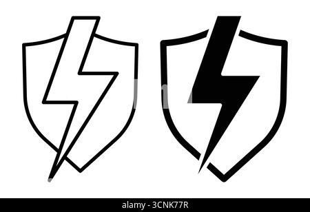 This image features two distinct shield icons with lightning symbols, ideal for themes of security, protection, and energy. Clean and bold design elem Stock Vector