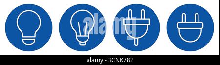 This image features four icons representing an electric bulb and plug in a modern design. The simple outline style on a blue background makes it ideal Stock Vector