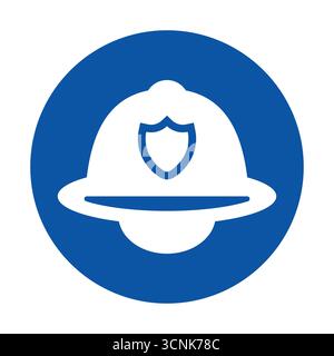 This blue round icon features a firefighter helmet with a shield emblem. It represents safety and emergency services in a simple and effective design. Stock Vector