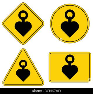 This collection features heart symbols displayed on cautionary signs, designed to convey messages of care and alertness in various shapes and styles. Stock Vector