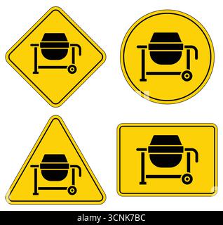 Collection of construction safety signs featuring a concrete mixer icon in various shapes. Ideal for construction sites, emphasizing safety and hazard Stock Vector