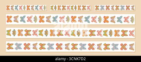 Groovy Retro Seamless Butterfly Border Set Stock Vector