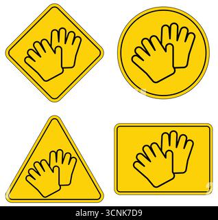 A collection of four yellow glove safety symbols suitable for various work environments. Ideal for promoting safety and hygiene practices in different Stock Vector