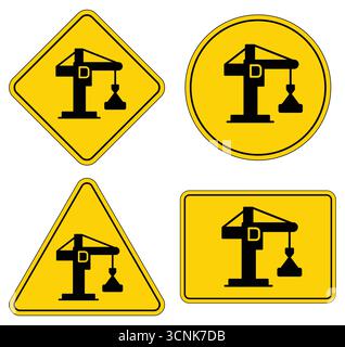 Set of four construction warning signs featuring a crane icon against a bright yellow background. Ideal for safety and construction-related themes. Stock Vector