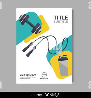 Dynamic fitness flyer template with dumbbell jump rope and shaker bottle for gym promotion vector Stock Vector