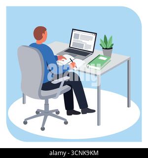 Man working on laptop and writing in office environment remote work freelancer lifestyle concept vector Stock Vector