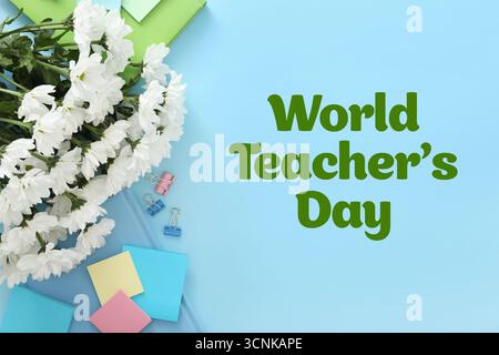 Happy Teacher's Day greeting card with flowers, stationery and text on light blue background Stock Photo