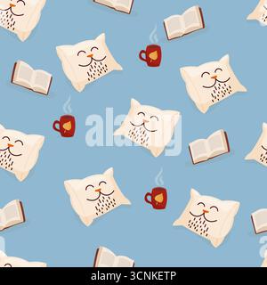 Seamless pattern with cozy pillow cat mug and open book Stock Vector
