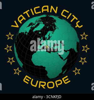 Vatican City on Globe. Round country and continent name text. Country view on world map in Black Emerald color palette. Vatican City shape on map. Stock Vector