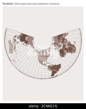 Vector world map. Albers conic equal-area projection. Plain world ...