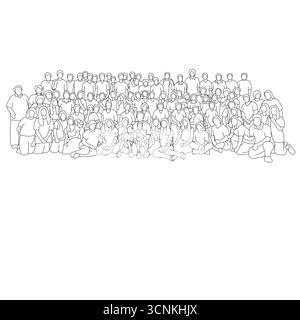 Big people group illustration vector hand drawn with black lines Stock Vector