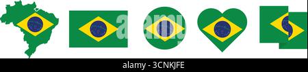 Brasil flag vector set. Round, heart, map, waving etc.. styles. Brasil flag icon isolated Stock Vector