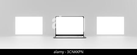 Sequence of three laptop screens with the computer in the middle and floating displays at the sides. Blank template for place your web page design, po Stock Photo